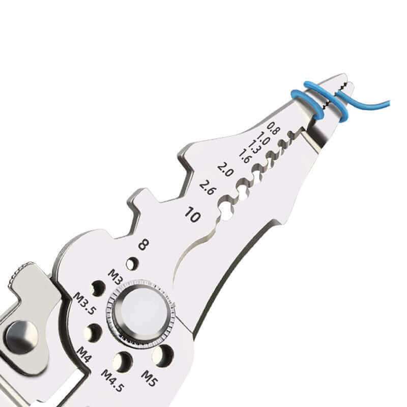 Close-up of Ducto™ multifunctional pliers showing wire cutting and stripping features with adjustable measurements.